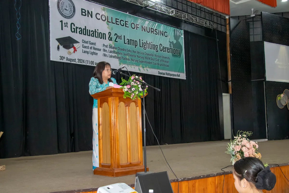 Guest of Honour, Mrs Lalchhanhimi, Joint Director Nursing, H&FW Department, Govt. of Mizoram delivering a short speech